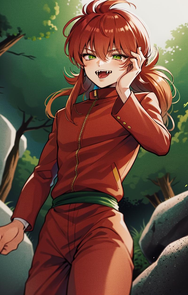 51423-3741165946-best quality, soft lighting, outdoors, forest, boulders, rocks, vanishing point, fangs, cowboy shot, kurama [yuyu hakusho], 1boy.png